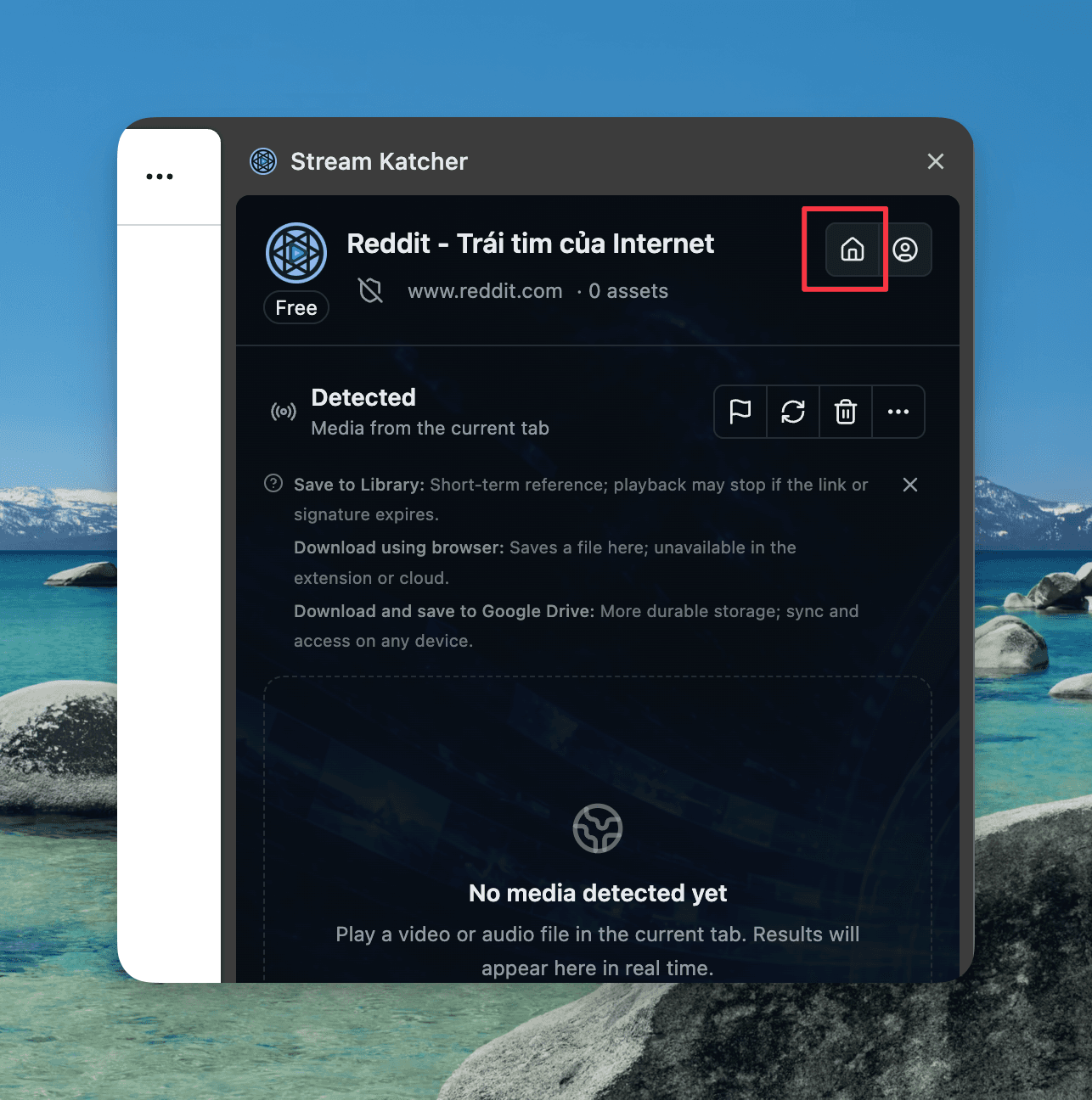 Click the home icon in the Stream Katcher side panel to open the dashboard.