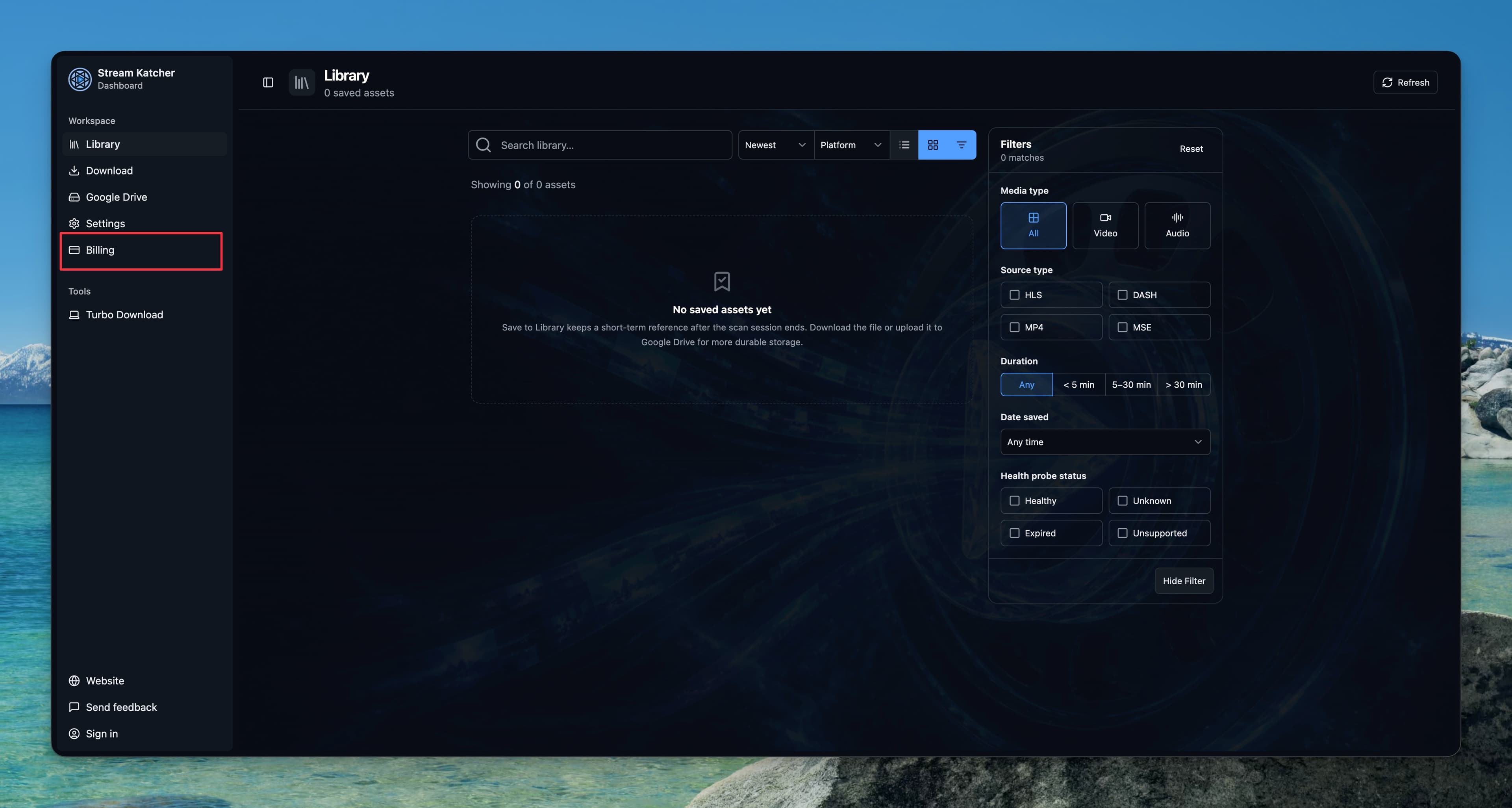 Select Billing in the Stream Katcher dashboard sidebar.