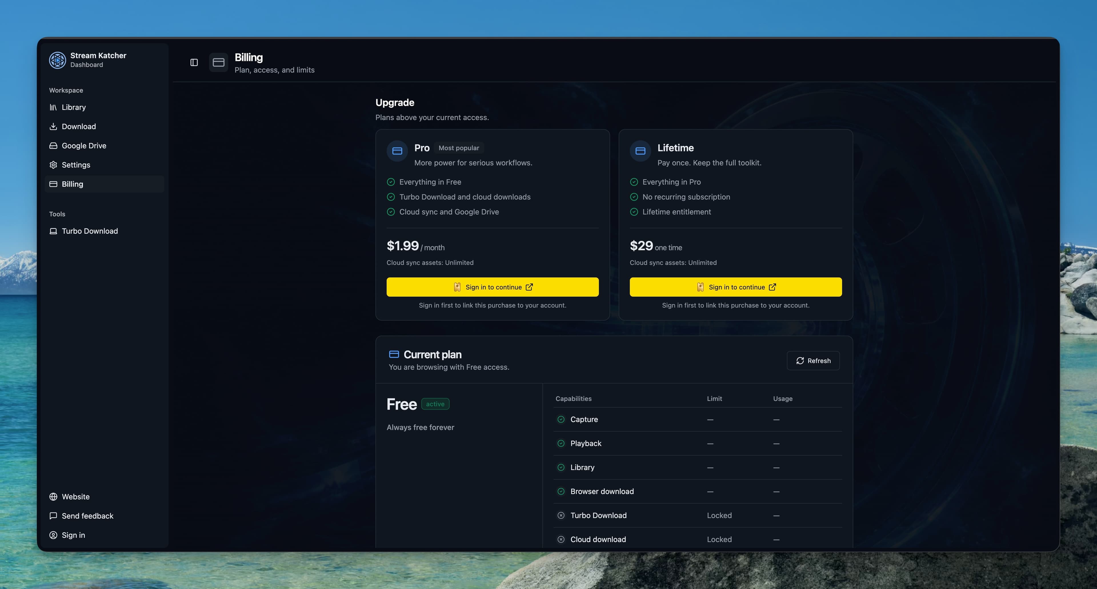 Review available plans and pricing on the Billing page.