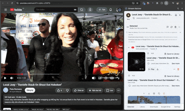 Video DownloadHelper captures the playing Local Joey YouTube source; Stream Katcher downloads it for local playback.
